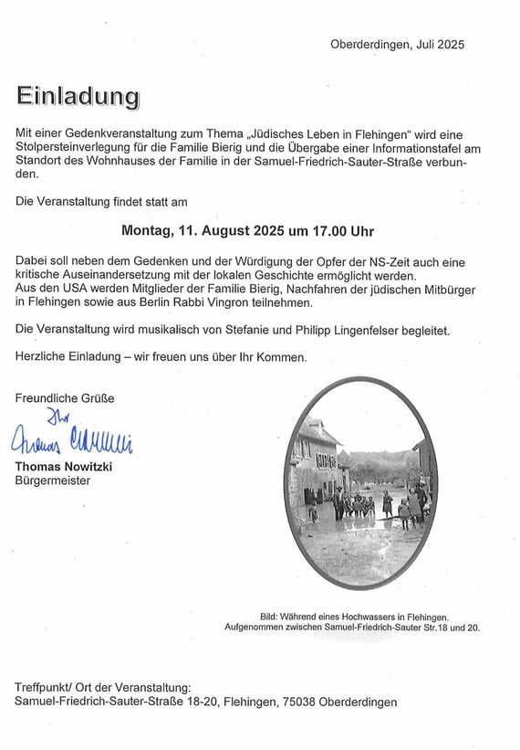 Einladung, VErlegung, Stolpersteine, August, 2025, Flehingen, 