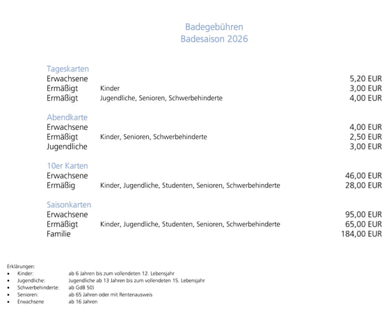 Eintrittspreise, B&auml;der, &Uuml;bersicht, 2026