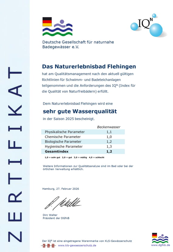 Naturerlebnisbad, 2026, Qualit&auml;t, Wasserwerte, Auszeichnung, Zertifikat, Wasser