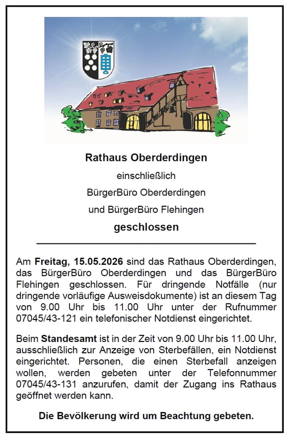 Rathaus, geschlossen, zu, Br&uuml;ckentag, 2026, Mai, 