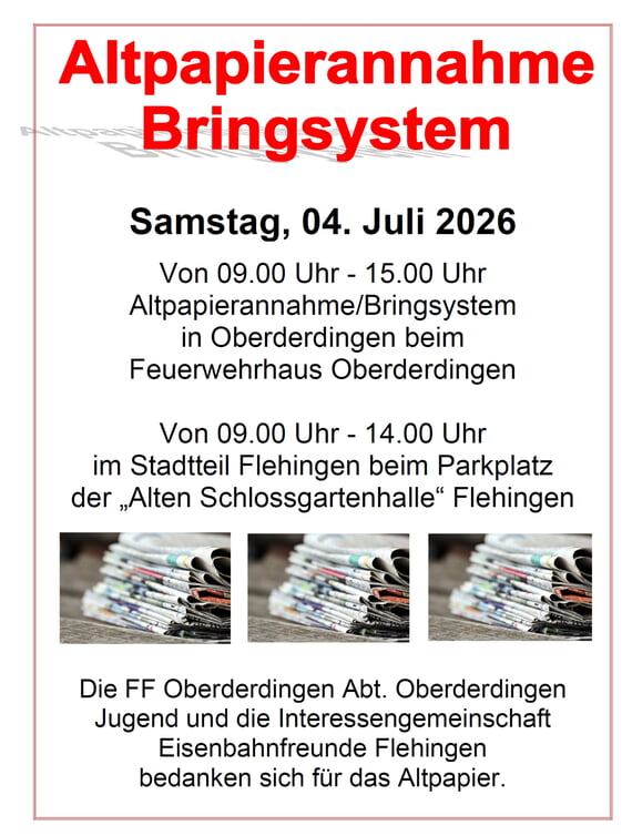 Altpapiersammlung, Bringsystem, Oebrderdingen, Flehingen, Juli, 2026, 